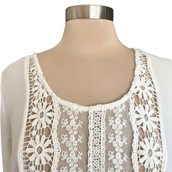 Double Zero Chiffon & Lace Sheer White Blouse Studded Cuffs Sz Large Feminine - Picture 3 of 10